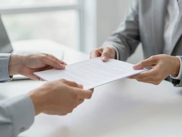 Close-up of hands respectfully exchanging documents across a modern office desk, bright natural light, neutral tones, shallow depth of field.