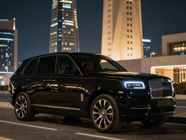 Sleek black luxury SUV parked near modern Riyadh architecture, night-time city lights reflecting on polished paint
