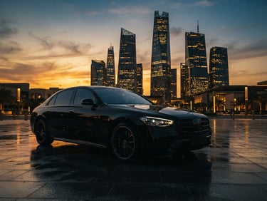 Sleek, immaculate black luxury S-Class sedan parked in front of Riyadh's KAFD architectural towers, dramatic low-key golden hour lighting reflecting on polished obsidian body, 35mm cinematic luxury photography