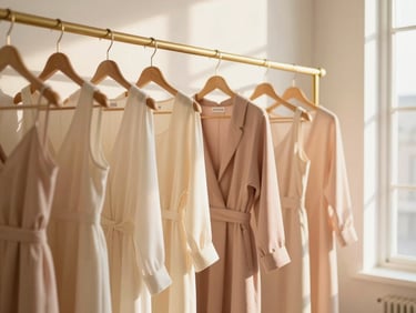 Warm editorial photography of a beautifully arranged boutique interior, soft golden hour sunlight filtering through a window, cream and blush pink fabrics hanging on brass clothing racks, minimalist decor, 35mm
