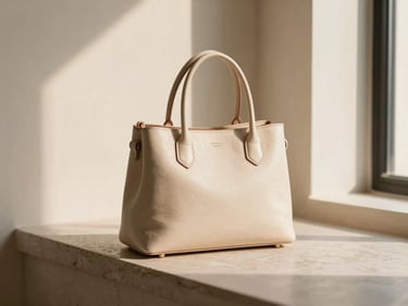 A minimalist leather handbag placed on a stone ledge under warm diffused sunlight, soft shadow, 35mm.
