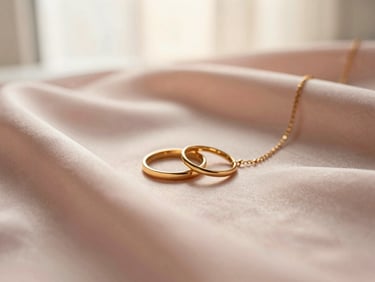Macro shot of delicate gold rings and a slender chain necklace resting on soft blush pink silk fabric, warm morning light, shallow depth of field