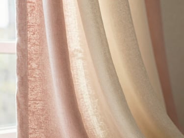 A close-up of premium fabric textures, showcasing soft blush pink linen and cream woven cotton draping elegantly under warm diffused window light