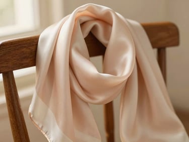 Softly lit close-up of a premium silk scarf draped gently over a wooden chair, warm blush tones, shallow depth of field.