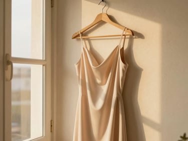 Warm editorial photography, soft golden hour window light, cream and blush tones, shallow depth of field, 35mm. A beautifully draped beige dress on a minimalist hanger against a textured plaster wall.