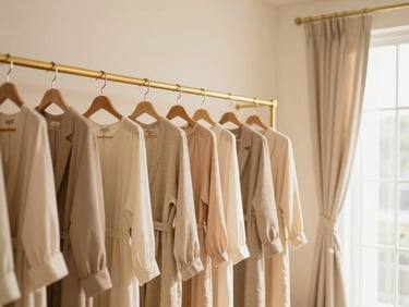 Warm editorial photography of an elegant boutique interior in Ampang, featuring cream walls, gold clothing racks with soft-draping modest garments, beige linen curtains, and soft window light, 35mm