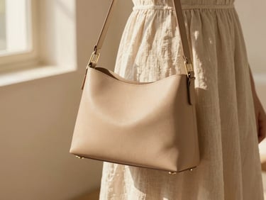 A minimalist sand-colored leather shoulder bag with delicate gold accents, styled next to a soft linen dress under warm diffused sunlight, high-end editorial composition