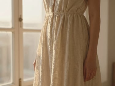 A close-up of a woman in a flowing beige linen dress standing in soft golden hour window light, 35mm, warm editorial photography.