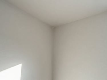 Extreme close-up of an interior corner where two freshly painted walls meet the ceiling, showing a razor-sharp paint line with no bleed, bright north-facing natural light, the paint surface filling the frame, no people