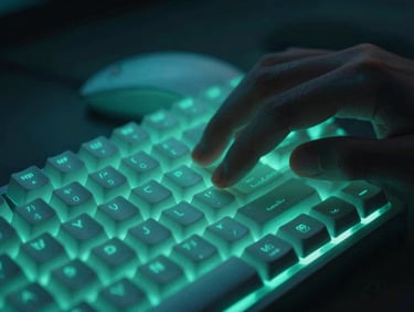 Close-up of hands on a mechanical keyboard and mouse, neon cyan glow, dark room, shallow depth of field, 35mm