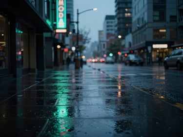 Moody Vancouver streetscape at dusk, rain on pavement, neon sign glow reflected, shallow depth of field, 35mm