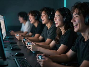 Gamers laughing during a couch co-op session, controllers in hand, low-key ambient lighting with warm monitor glow, shallow depth of field, 35mm
