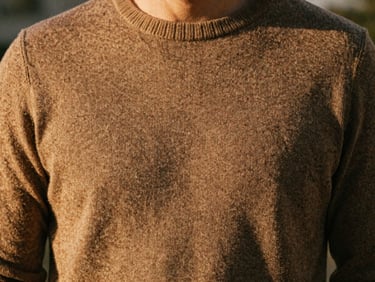 Close-up of a fine merino wool sweater on a male torso, tailored fit, espresso brown, subtle texture, 35mm film.
