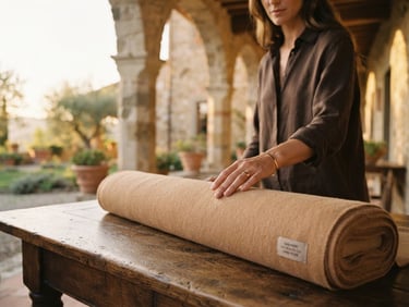Elegant female hand gently touching a roll of double-faced cashmere fabric in warm sand nude, soft golden hour light, architectural stone villa background, wide shot, 35mm film.