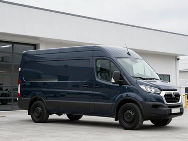 A clean, dark-colored commercial van with subtle Hughes Security Engineering LLC branding, parked in front of a modern secure facility, crisp technical photography, sharp overcast daylight, deep navy and stark white tones, high contrast, architectural lens, no people