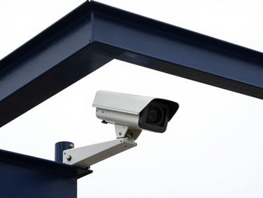 High-end surveillance camera hardware mounted on a reinforced steel beam, crisp technical studio lighting, high contrast, architectural lens.