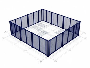 Architectural blueprint overlayed with technical schematics for perimeter hardening, sharp technical studio lighting, deep navy lines on stark white background.