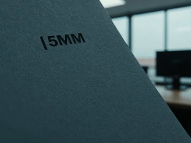 Extreme close-up of legal documents and heavy textured paper with sharp office interior light, deep teal tones, 35mm
