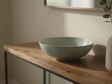 Close-up of a neatly organized entryway console table with a ceramic bowl and soft sage accents, diffused warm daylight.