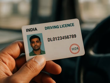 Close-up of an Indian driving license card held in a hand against a blurred truck cab interior background, natural light, license number and validity stamp visible