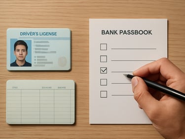 Overhead view of a Driving License and bank passbook laid flat on a light wooden desk, a hand with a pen marking a verification checklist beside them, north-facing window light, sharp document detail