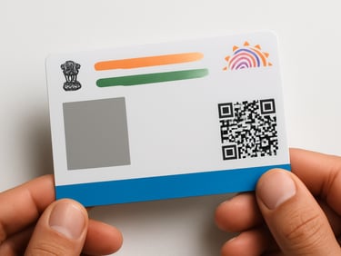 Close-up overhead shot of an Aadhaar card on a white surface under studio strobe light — crisp document edges, the blue strip and QR code clearly visible, hands lightly holding the card from the bottom, neutral background