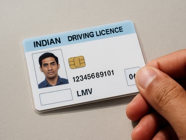 Close-up overhead shot of an Indian driving license on a light grey surface under natural daylight — laminated card with photo, license number, and vehicle class visible, one hand steadying the card at the corner, crisp detail