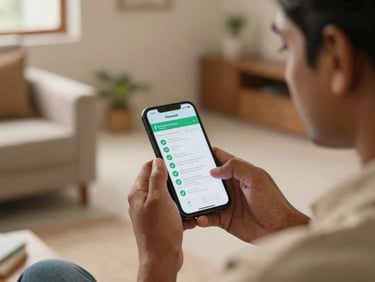 Indian household owner reading a verification report on a smartphone screen showing green checkmarks next to document names, warm indoor daylight, calm expression, environmental framing