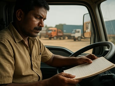 Indian truck driver in cab checking paperwork, close-up of hands on RC book document resting on steering wheel, natural daylight through windshield, logistics yard visible in background through window