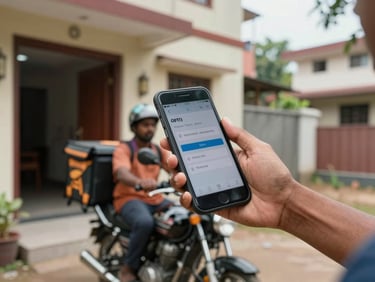 Indian delivery partner on motorcycle at building entrance, close-up of hand holding smartphone showing OTP screen, overcast daylight, residential colony in background, candid documentary framing