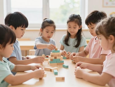 Preschoolers engaged in a cooperative building block activity, focused expressions, clean and organized play area, bright natural window light, soft pastel tones, shallow depth of field, authentic moment