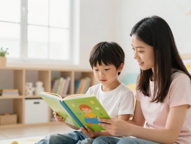 Child and caregiver reading a colorful picture book together in a bright, clean learning space, natural light, soft pastel tones, shallow depth of field, authentic moment