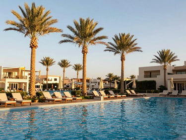 Bright editorial photo of Rixos Premium Seagate hotel pool and palm trees in Sharm El Sheikh, sunny day.