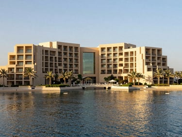 Bright editorial photo of The Chedi El Gouna lagoon views and modern minimalist architecture.