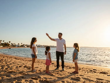 Bright environmental photo of a modern tour guide welcoming a family on a sun-drenched beach in Sharm El Sheikh, warm golden-hour sunlight, high contrast