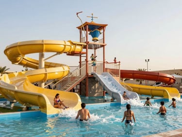 Wide shot of families enjoying water slides at an aqua park in Egypt, bright daylight, splashing water.