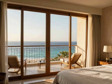 bright editorial travel photography, warm golden-hour sunlight, rich natural colors, high contrast, 35mm lens, luxury hotel room interior in Hurghada with sea view balcony, sunny day