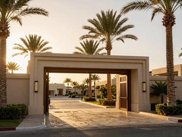 bright editorial travel photography, warm golden-hour sunlight, rich natural colors, high contrast, 35mm lens, modern resort entrance in Marsa Alam with palm trees and sunny sky