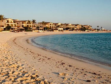 bright editorial travel photography, warm golden-hour sunlight, rich natural colors, high contrast, 35mm lens, beautiful resort beach in North Coast Egypt with white sand, clear blue water