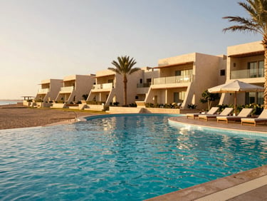 bright editorial travel photography, warm golden-hour sunlight, rich natural colors, high contrast, 35mm lens, modern beachfront resort in Sharm El Sheikh, crystal clear pool, bright daylight