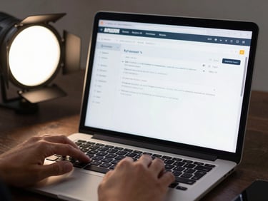 Close-up of an Amazon KDP dashboard on a laptop screen, hands on keyboard, soft studio strobe light from the left, dark desk surface, no face, serious working environment, metadata fields visible on screen