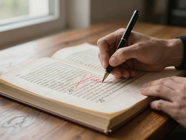 Close-up of hands annotating a manuscript page on a wooden desk, natural north-facing window light, red ink marks visible mid-frame, pages slightly overlapping