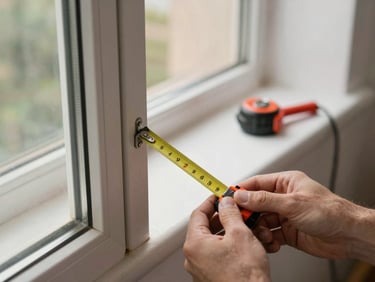 Hands holding a metal measuring tape against a window frame on a Valladolid home, natural daylight, close-up on the measurement reading, tools on windowsill in background