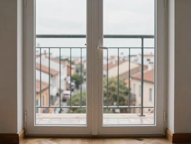 Wide PVC balcony door installed in a Valladolid apartment, viewed from inside, overcast daylight, clean white frame, parquet floor visible at bottom edge