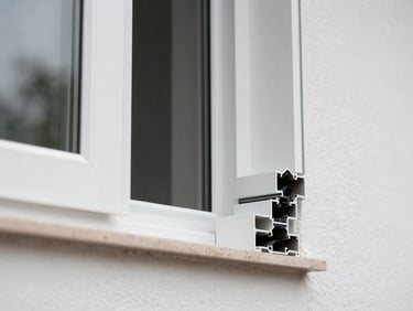PVC window profile close-up on a Valladolid home facade, overcast natural light, clean white frame against rendered wall, no people