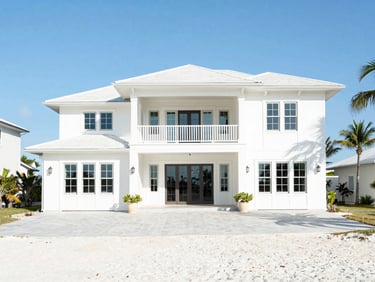 Bright editorial photography of a pristine coastal luxury estate exterior in Santa Rosa Beach, high-key natural daylight, ocean blue tones, 35mm