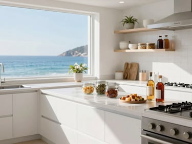 Pristine sun-drenched high-end kitchen interior, freshly stocked with artisanal provisions, bright daylight.