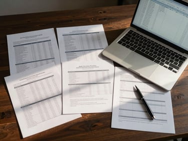Overhead wide-angle view of a professional desk with organized financial statements, a open laptop displaying a spreadsheet, a pen resting on a printed report, warm tungsten overhead light casting clean shadows on the documents, dark wood surface visible at edges