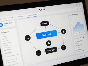 Crisp UI screenshot of a rules-based strategy builder interface, showing connected logic nodes, backtesting performance graphs, and historical simulation parameters.