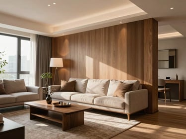 Interior of a modern apartment living room, warm natural light, elegant wooden details, minimalist decor.
